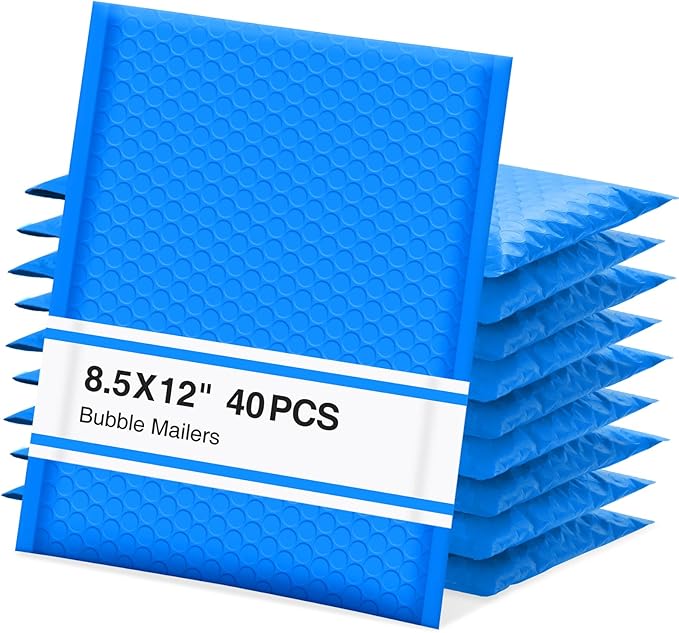 UCGOU Bubble Mailers 8.5x12 Inch 40 Pack Usable Size 8.5x11 Inch Blue Padded Envelopes Medium Waterproof Packaging Bags for Shipping Self Seal Strong Adhesive Envelopes for Jewelry Makeup Supplies
