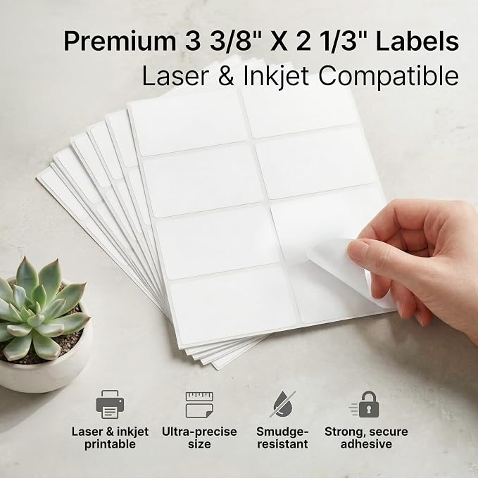 2 1/3" X 3 3/8" Matte White Printable Labels (250 Sheets, 2000 Stickers) | Name Tag Stickers, Address and Shipping Labels for Laser & Inkjet Printers - Spartan Industrial Template R013