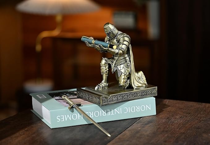 Medieval Templar Vanguard Officer Knight Pen Holder Desk Organizers Bronze | Pencil Stand Paperweight Desktop Decoration Accessories Cell Phone Stand with a Fancy Sword for Medieval Warrior Enthusiast