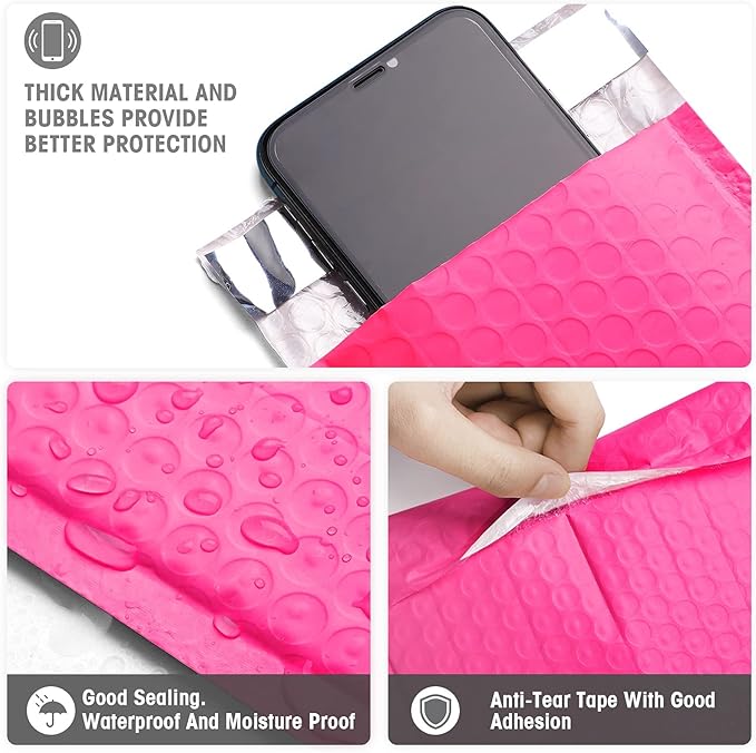 Metronic Hot Pink Bubble Mailers 4x8 Inch 50 Pack Waterproof Padded Envelopes Usable Size 4x7 Self Seal Adhesive Bubble Envelopes Padded Mailers for Small Business Mailing Envelopes for Jewelry, Card