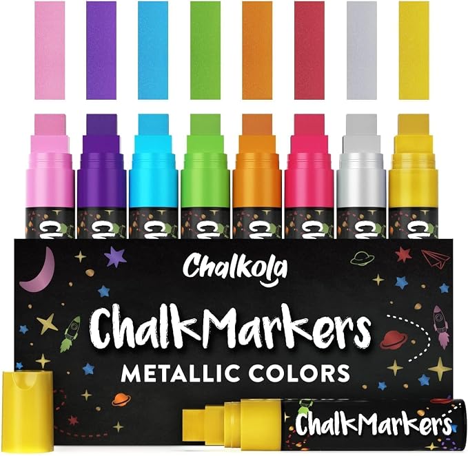 15mm 8 Metallic Window Chalk Markers Washable For Cars - Liquid Chalk Pens | Erasable Chalkboard Markers for Blackboard, Glass, Restaurant, Wedding, Bistro Menu - Wet Wipe Erasable - 15mm Jumbo Nib