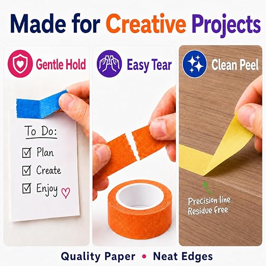 Colored Masking Tape 1 Inch, 12 Rolls, 12 Colors, 264 Total Yards | 12 colored tape rolls, 22 yd each, writable, easy to tear and remove, with a clear storage box for labeling and crafts