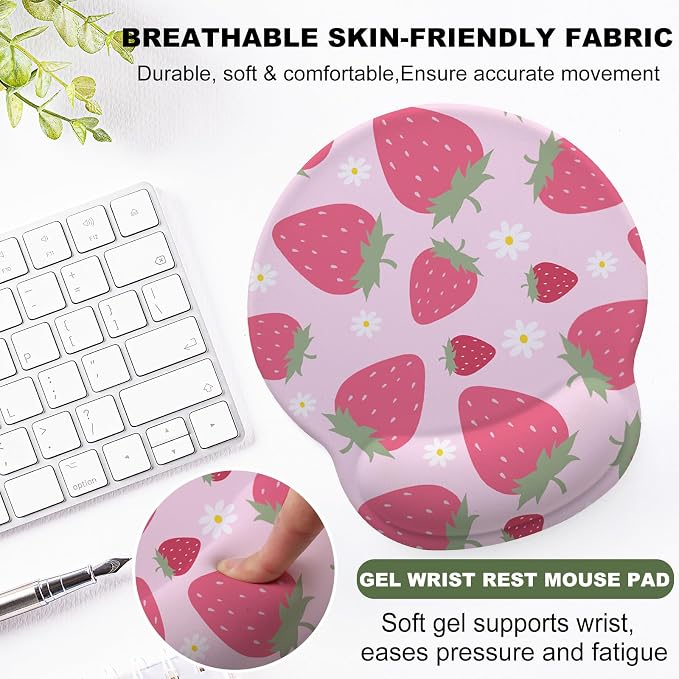 Cute Strawberry Mouse Pad with Gel Wrist Support, Smooth Surface Ergonomic Mouse pad, Non-Slip Pain Relief Desk Mat for Gaming, Work & Office Desktop