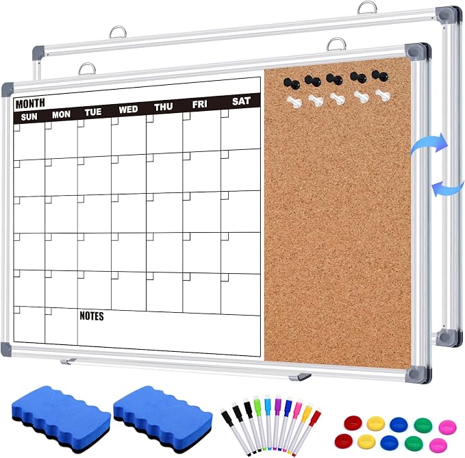 Calendar Whiteboard for Wall, 36" x 24" Double Sided Monthly Dry Erase Board Calendar for Office, Home, School, Hanging Cork Board White Board Combo, Portable Magnetic Dry Erase Planner Board