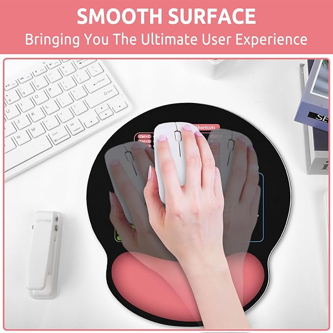 Ergonomic Mouse Pad with Wrist Rest, Small Excel Cheat Sheet Desk Pad with Windows & Office & Excel Shortcuts, Non-Slip Rubber Base Mouse Pads for Desk with Smooth Surface, Black Pink