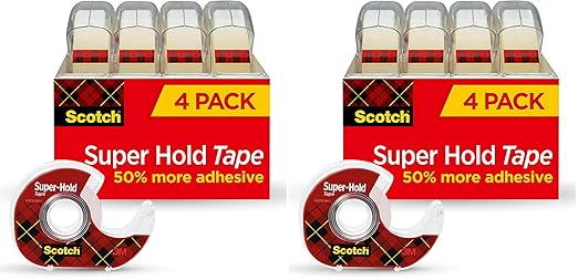 Scotch Super Hold, Transparent, Clear Glossy Finish, 4 Tape Rolls with Dispenser, Tape Rolls for Home Office and School, 3/4 in. x 650 in. (Pack of 2)