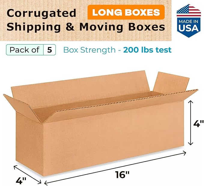 Long Moving & Shipping Boxes 16 x 4 x 4 inches (5-Pack) - Extra Strength 200 lb vs Regular - USA-Made Corrugated Moving Boxes for USPS/UPS/FEDEX - Strong Shipping Box - Cardboard Box by IDL Packaging