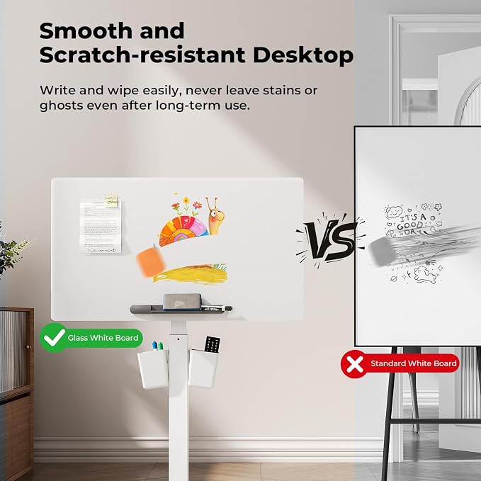35" Glass Mobile Standing Desk, Foldable Desktop for Storage | Height Adjustable Portable Drafting & Laptop Desk with Wheels, Small Rolling Whiteboard for School Home Office, White