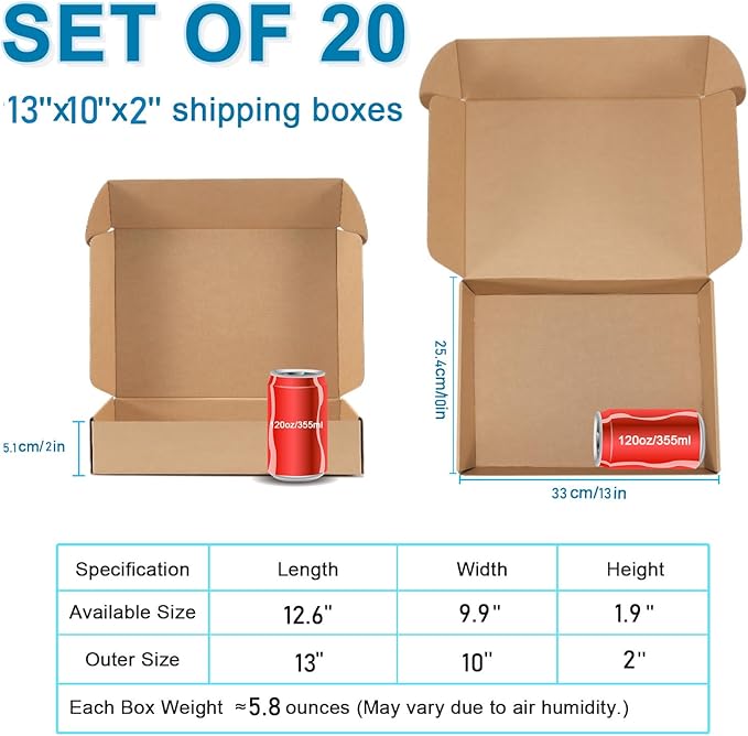 Small Shipping Boxes 13x10x2 Inches - Kraft Brown Corrugated Cardboard Boxes (20-Pack) for Mailing, Packing, Small Business & Gift Packaging - Recyclable & Sturdy