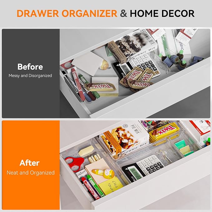 8 Pack Drawer Organizer for Kitchen Gadgets, Large Clear Plastic Drawer Divider for Kitchen Accessories, Bathroom Organizers and Storage, Home Essentials for Makeup and Vanity Accessories