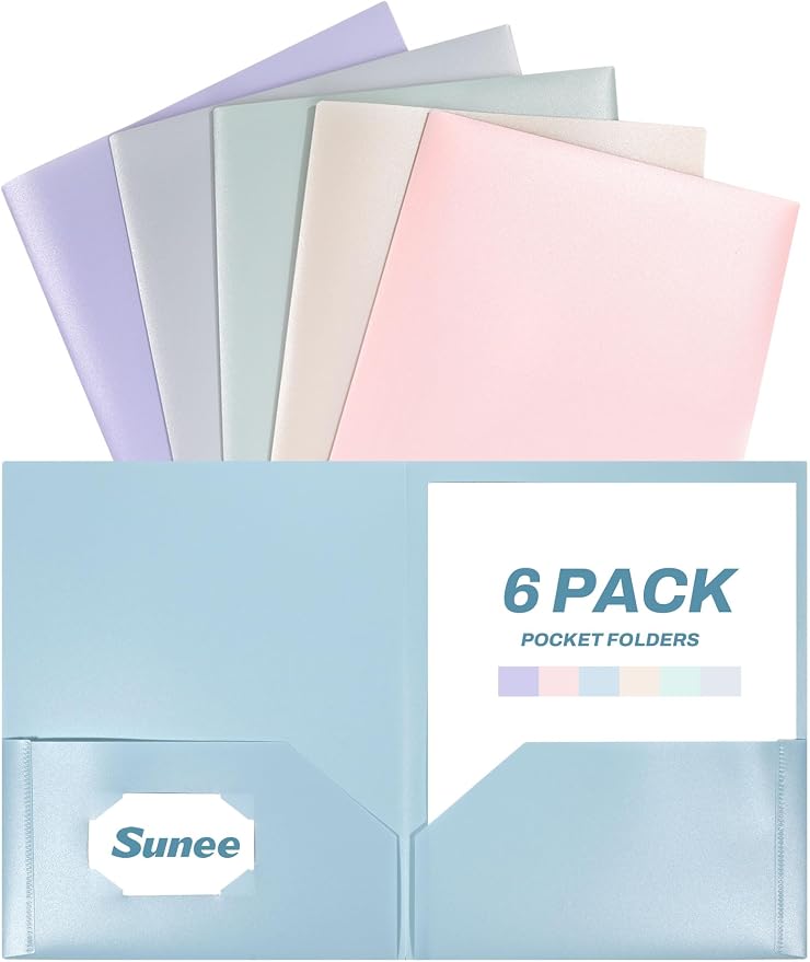 SUNEE Folders with Pockets (6 Pack, Pastel Colors), Plastic Folder with Pocket, Poly Folder for Documents Letter Size, 2 Pocket Folders for Kids, Home, School, Office