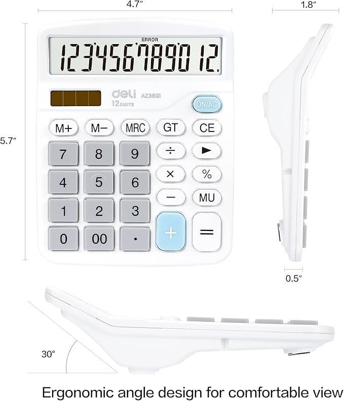 Calculator, Deli Standard Function Desktop Calculators with 12 Digit Large LCD Display and Sensitive Button, Solar Battery Dual Power Office Calculator, White