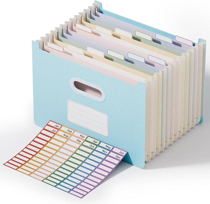 ThinkTex 12-Pocket Accordion File Organizer, Upright Open Top, Letter/A4 | Large Capacity Wheat Straw File Folders, File Organizer for Taxes, Bills, Medical Records, School, Office-Sky Blue