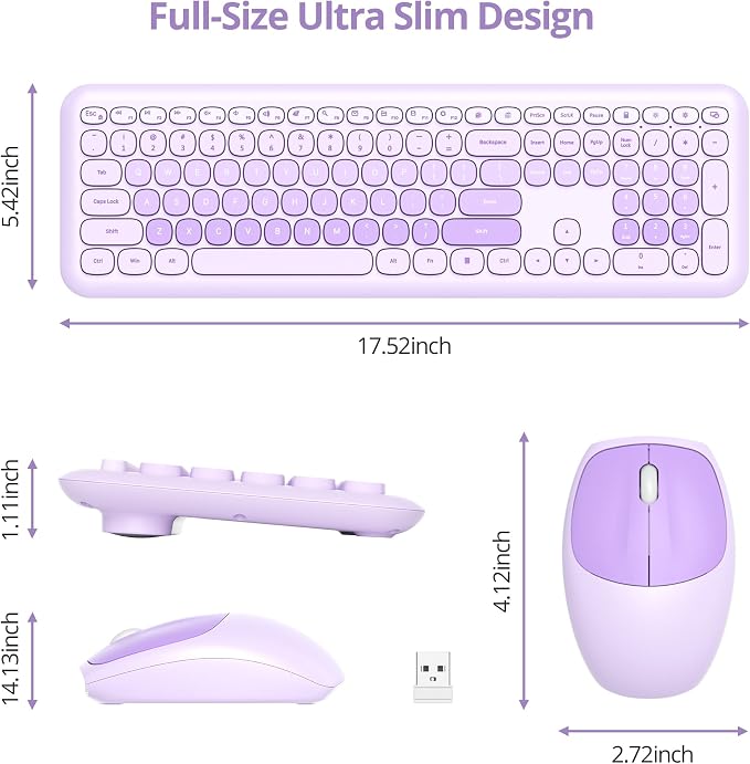 Surmen Cute Purple Keyboard and Mouse Wireless Silent, Full-Size Retro Typewriter Wireless Quiet Keyboard Mice Set Low-Noise 2.4GHz for Computer, Desktop, Laptop(6-Diary Purple)