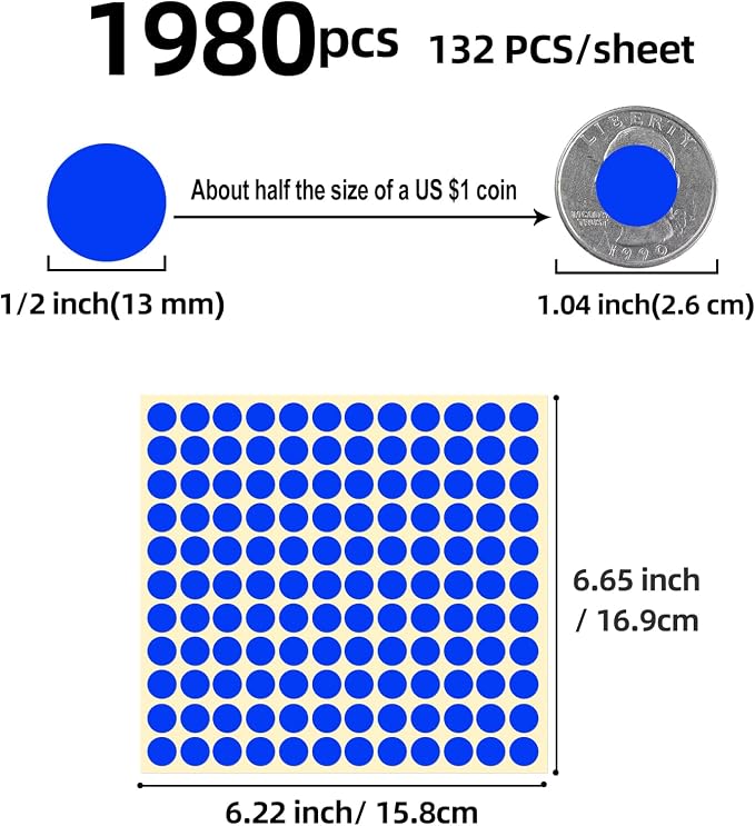 1980 Pcs Dound Stickers Blue 1/2 Inch Small Color Circle Dot Stickers Tiny Code Labels for Office Shop Yard Sale Home Marking (Blue, 1/2" (13mm))