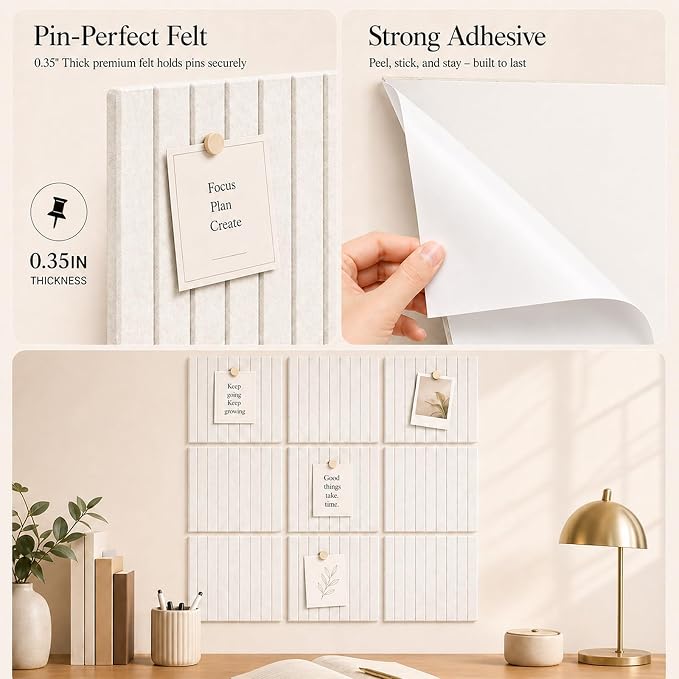 Stripe Felt Bulletin Board Tiles, Cork Board Alternative 24 x 36 in | 0.35 in modular felt wall tiles for notes, photos, schedules, reminders in offices, classrooms, home and office workspaces