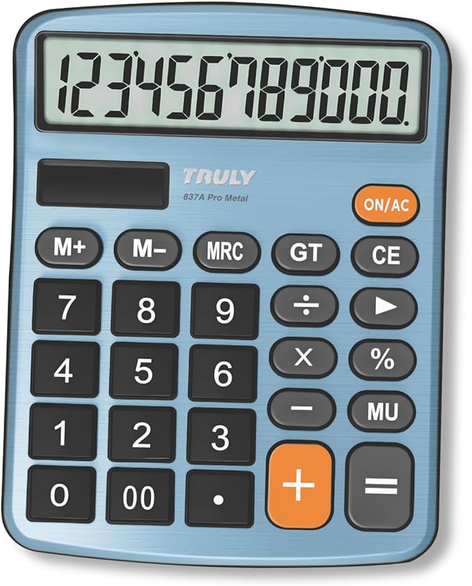 TRULY 12-Digit Desktop Calculator with Large Display, Big Buttons, Dual Power (Solar + Battery), Metal Finish, Ideal for Office, Home, School – 837A Pro Light Blue