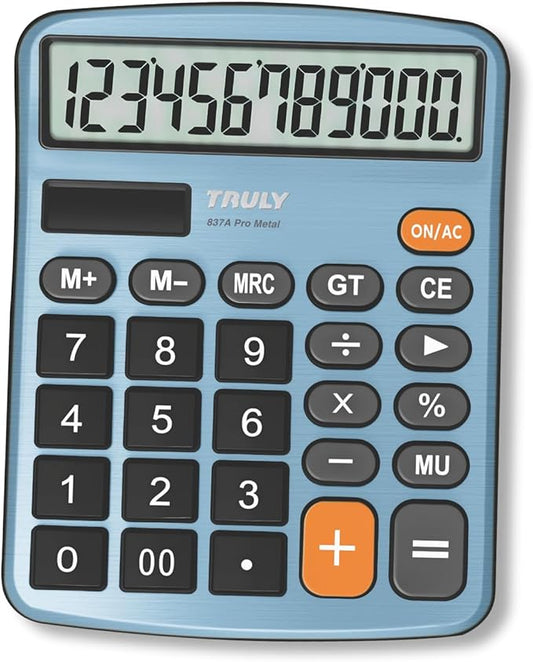 TRULY 12-Digit Desktop Calculator with Large Display, Big Buttons, Dual Power (Solar + Battery), Metal Finish, Ideal for Office, Home, School – 837A Pro Light Blue