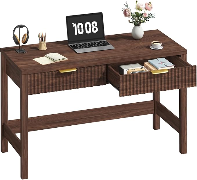 47 Inch Small Fluted Computer Desk with 2 Drawers for Bedroom, Home Office | Small Computer Desk with Storage, Compact Writing Study Desk for Small Spaces, Walnut