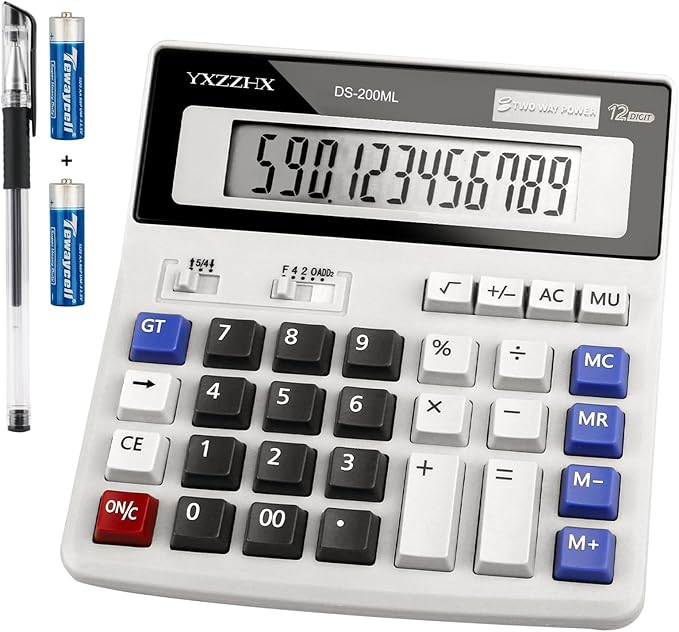 Desk Calculator 12 Digit Extra Large 4.3-Inch LCD Display, Two Way Power Battery and Solar Calculators Desktop, Big Buttons Easy to Press Used as Office Calculators for Desk White