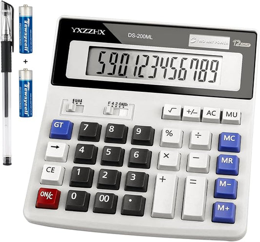 Desk Calculator 12 Digit Extra Large 4.3-Inch LCD Display, Two Way Power Battery and Solar Calculators Desktop, Big Buttons Easy to Press Used as Office Calculators for Desk White