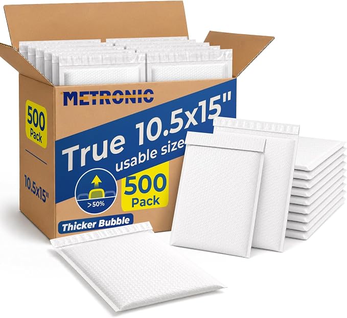 Metronic Bubble Mailers True 10.5x15" Usable Size Padded Envelopes 500 Pack | 50% Thicker 1/7" Bubble 10.5x16" Self Seal Water-resistant bubble envelopes for Books,Clothes,T-shirt Small Business,#5,White