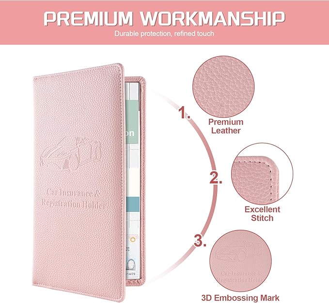 JUSTTOP 2Pack Car Registration and Insurance Holder,Car Document Holder for Cards License with Magnetic Shut,Vehicle Glove Box Car Organizer for Documents, Cards, License(Embossed leather Pink)