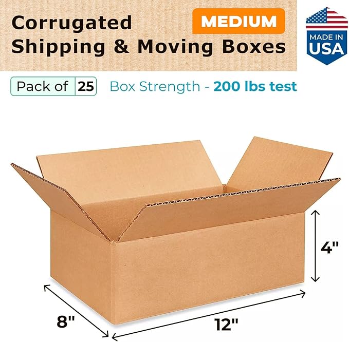 Medium Moving & Shipping Boxes 12"L x 8"W x 4"H (25-Pack) - Extra Strength 200 lb vs Regular - USA-Made Corrugated Heavy Duty Packing Boxes - Strong Corrugated Box - Cardboard Boxes by IDL Packaging