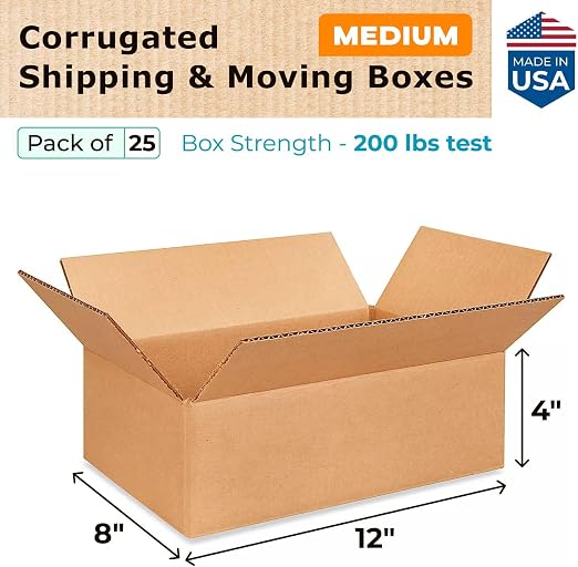 Medium Moving & Shipping Boxes 12"L x 8"W x 4"H (25-Pack) - Extra Strength 200 lb vs Regular - Corrugated Heavy Duty Packing Boxes - Strong Corrugated Box - Cardboard Packing Box by IDL Packaging | Extra Strength 200 lb vs Regular - Corrugated Heavy Du...