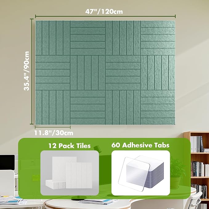 48" x 36" Large Felt Bulletin Board 1/2" Thick, Jade Green | 12 Pack Felt Tiles, Cork Board Alternative, 60 Adhesive Tabs, Pin Board for Home Office Decor with Easy Install