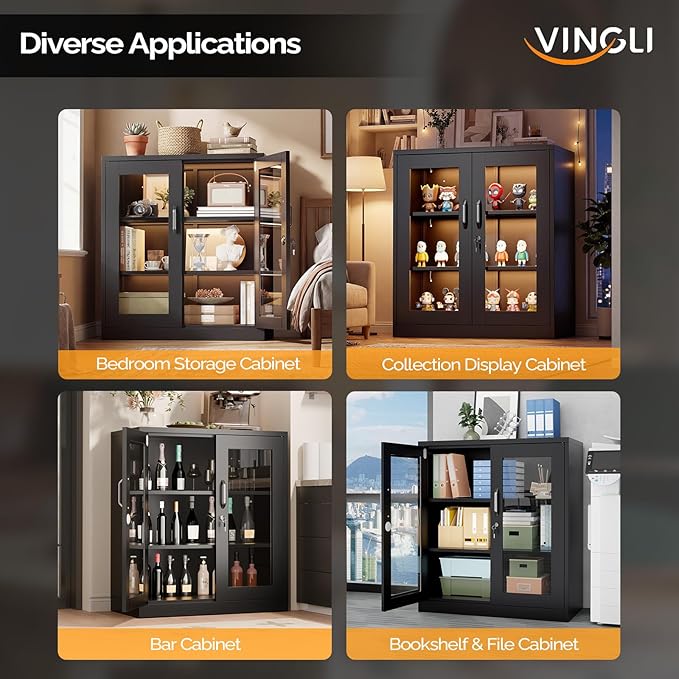 VINGLI Lockable Display Cabinet with Glass Door & 3ble Shelves, 35.5" H Metal Storage Cabinet Curio Liquor, Bookshelf Bookcase for Home Office Living Room Pantry Garage (Black)