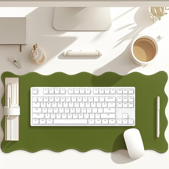 Hahafelt Scalloped Desk Mat Waterproof,Dark Green,31.5 X 15.8 Inches | Coquette Preppy Style for School Office Makeup Vanity, Nonslip Gaming Desktop Protector with Scalloped Stitched Edge Mat