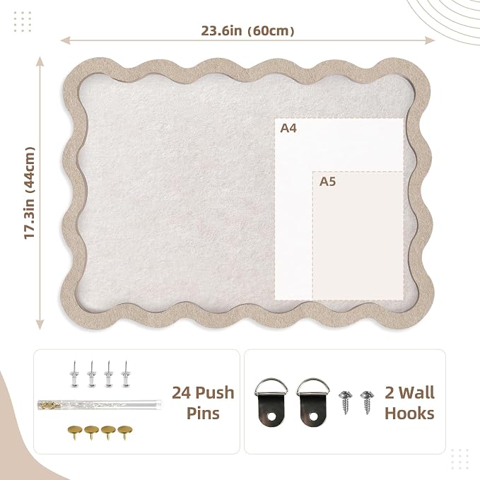 VABAMNA Scalloped Felt Bulletin Board 24"x18", Felt Cork Board Alternative for Wall, Foldable Picture Self-Adhesive Boards with Pins Hooks, Vision Boards for Photo Display School Home Office, Oatmeal