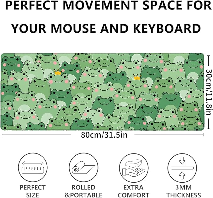 Cute Frog Extended Mouse Pad 31.5x11.8in, Green Cartoon Pattern Large Desk Mat with Non-Slip Rubber Base, Big Mousepad for Laptop Computer PC, Gaming Office Home Decor, Deskmat Gifts