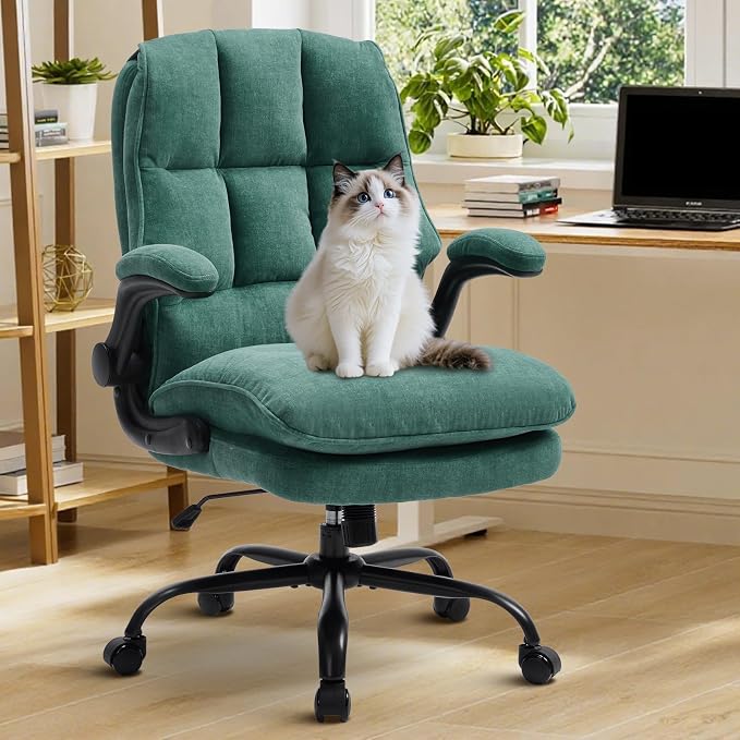 Comfy Office Chair Soft and Double Cushioned Ergonomic Computer Desk Chair for Long Hours Executive Office Chair with Flip-up Armrests and Height Adjustment for Home Office Green