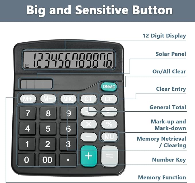 Desktop Calculator with Big Buttons, Dual Power Source, Solar and Battery, Large Display Screen - Perfect for Office, Teachers, and Students (Black)