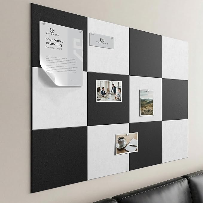 48"x36" Felt Corkboard Bulletin Board,TSJ OFFICE,12 Pack Wall,Black ＆ White | Includes 50 Pushpins & Clips, Removable Adhesive Tabs, Alternative Wall Tiles for Home, Office Decor, Install Without Damage