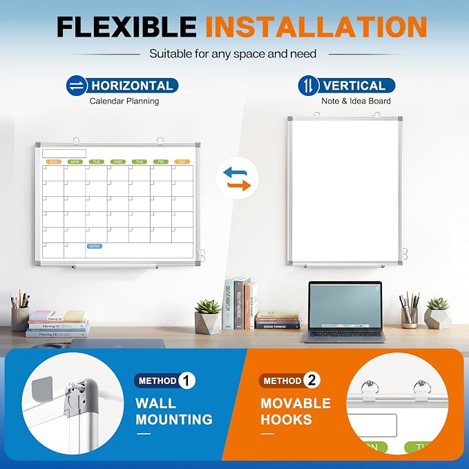White Board Calendar 36 x 24 Monthly Whiteboard Dry Erase Calendar | Double-Sided Magnetic Calendar, Wall Planning Board with Marker Kits for Home, School, Office