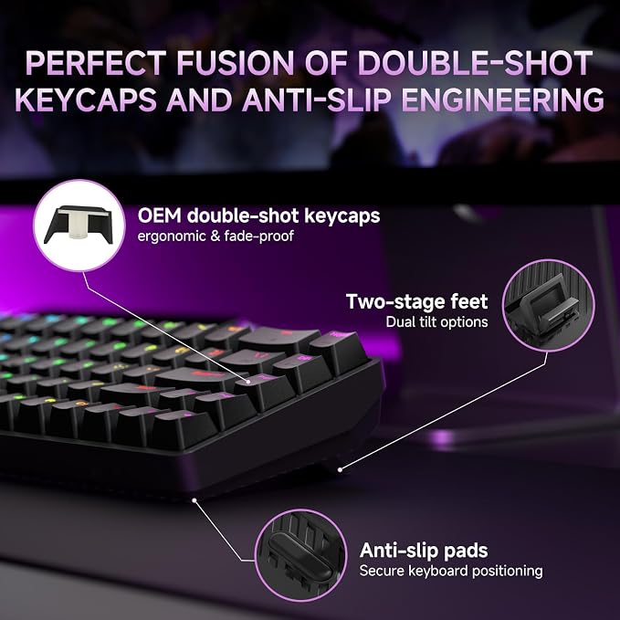 DIERYA DK68 60% Wireless Mechanical Gaming Keyboard, 3-Mode, Bluetooth 5.0/2.4G/USB-C, RGB Backlit, 68-Key Compact Mini for Windows, Mac, Linux - Linear Red Switch - Black