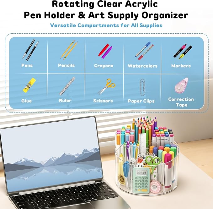 Acrylic Rotating Pencil Holder, 360° Clear Pen & Marker Organizer | Crayon Art Supply Organizer with 6 Compartments and Carry Handle for Desk, Home, Office, Classroom