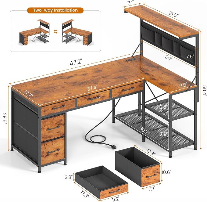 SEDETA 47.2" Reversible L Shaped Office Desk with Drawers, Hutch, Shelves | L Shaped Computer Desk with 5 Fabric Drawers, Storage, Power Outlet and LED Lights for Home Office, Rustic Brown