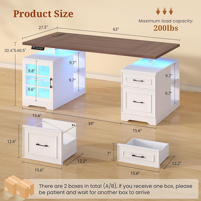 63" Farmhouse Electric Standing Desk with Drawers, Storage Shelves | Executive Height Adjustable Computer Desk with Glass Cabinet,Power Outlet,LED Light, Sit Stand up Desks for Home Office White