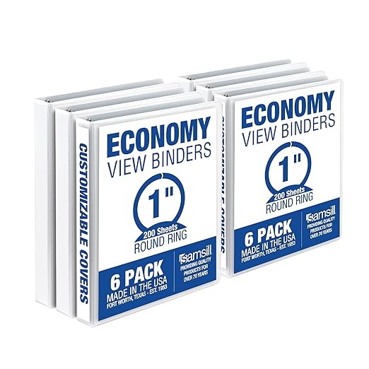 Samsill 1 Inch 3 Ring Binders, Economy Round Ring, Clear View Cover, 200 Sheet Capacity - for School, Home, Office - White, 6 Pack