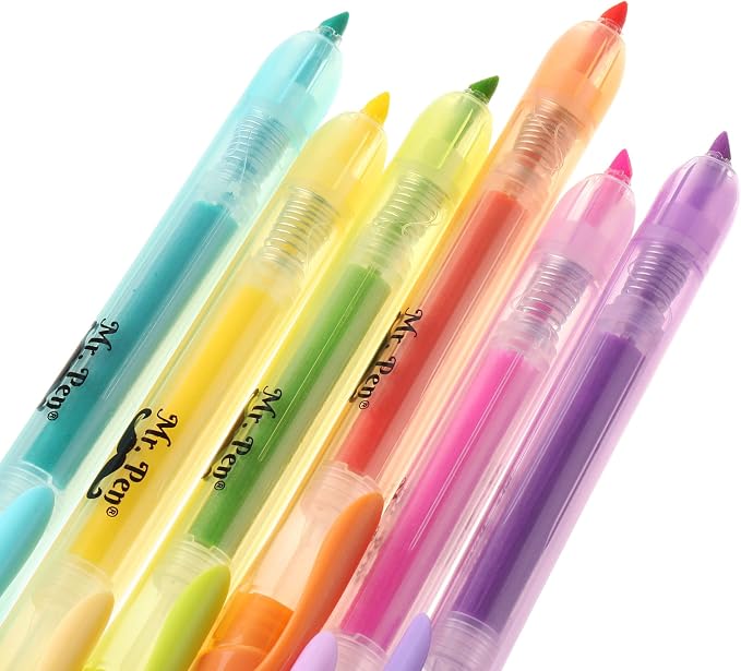 Mr. Pen- Retractable Highlighters, 6 Pack, Pastel Colors | Chisel Tip Highlighter Marker Set, Click Highlighter Markers for Classroom, Journaling, Study Supplies