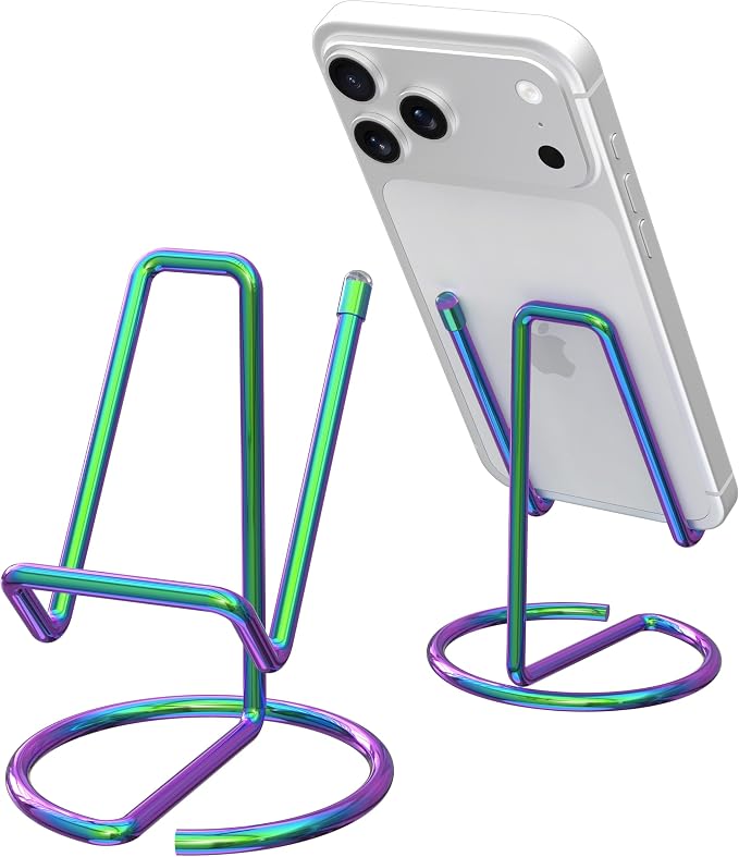 Metal Cell Phone Stand for Desk, Cute One-Piece Phone Holder, Stable Desktop Display Dock for iPhone, iPad, Samsung, Tablets & All Mobile Phones, Colorful