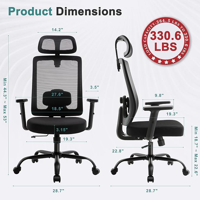 Shintenchi Mesh Office Chair, Ergonomic Home Office Desk Chair with Adjustable Lumbar Support, Headrest, 90°-135° Tilt, Computer Chair for Home Office, Black Task Chair