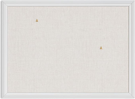U Brands Bulletin Board, 18 x 24 Inch Linen Fabric Pin Board, Farmhouse White Wood Style Frame, Wall Message Center & Vision Board for Farmhouse Decor, Home Office, Classroom, Includes Push Pins