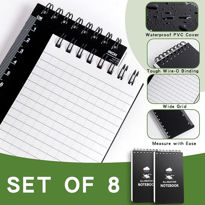 Waterproof Notebook, 8 Pack Pocket Notepad, 3" x 5 Top-Spiral NotePad Black | Weatherproof All Weather Police Pocket Notebook Mini Memo Steno Note Pads for Outdoor Office School Recording