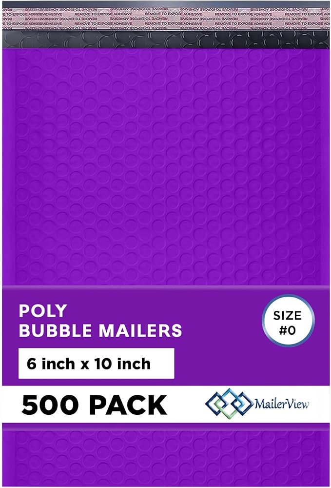 Purple Bubble Mailers 6x10, Self Seal Poly Padded Envelopes #0, 500 Pack | Fits Cards, CDs & Small Items,No Tape Needed,Cushioned Protection,Water-Resistant Poly,Bulk Pack for Small Business