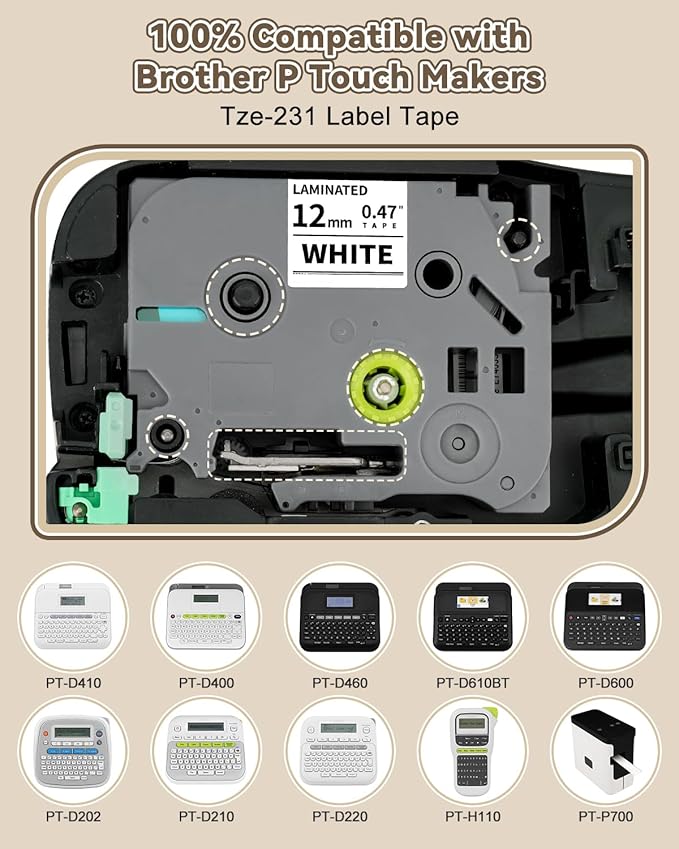 Pristar 12-Pack TZe-231 TZe231 TZ-231 Label Tape Compatible for Brother Label Maker Tape 12mm 0.47 White 1/2" Refills for P Touch Label Maker Tape PT-H110 D220 D600 D410 D210 D200 D400